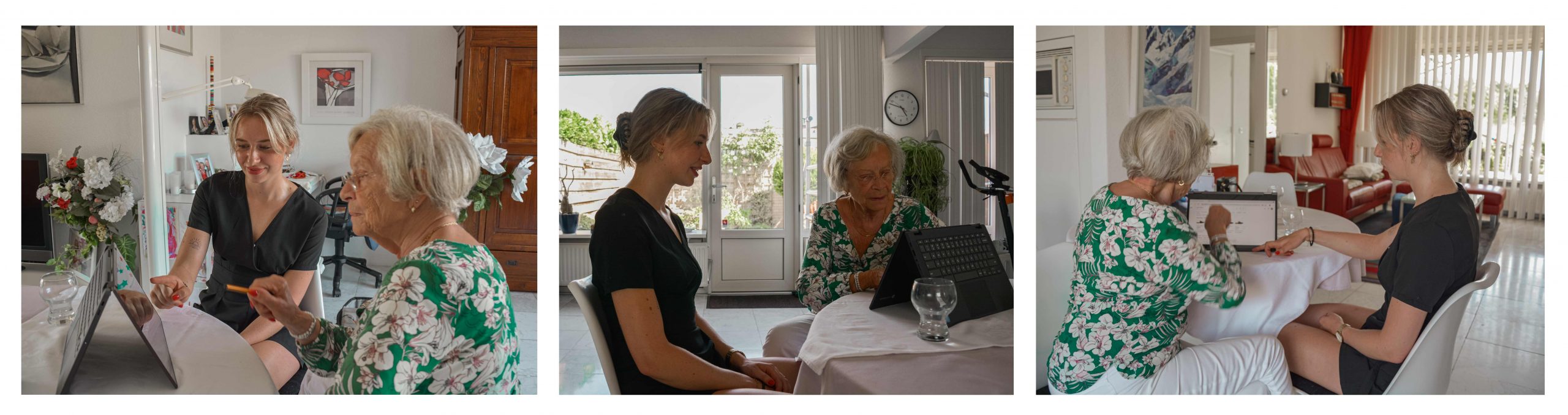 Een jongere begeleidt een senior bij het gebruik van een laptop